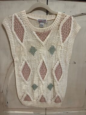 Spice of Life Vintage Knit Sweater Vest Cream Pink Green Size M Cottagecore